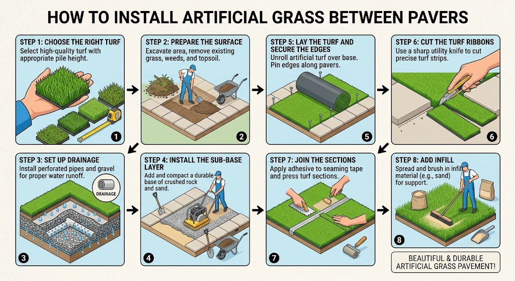 Artificial grass between pavers, step by step installation infographic