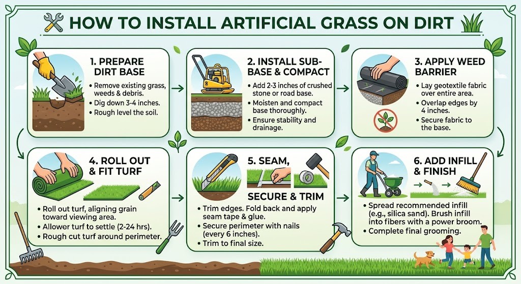 how to install artificial grass on dirt, infographic