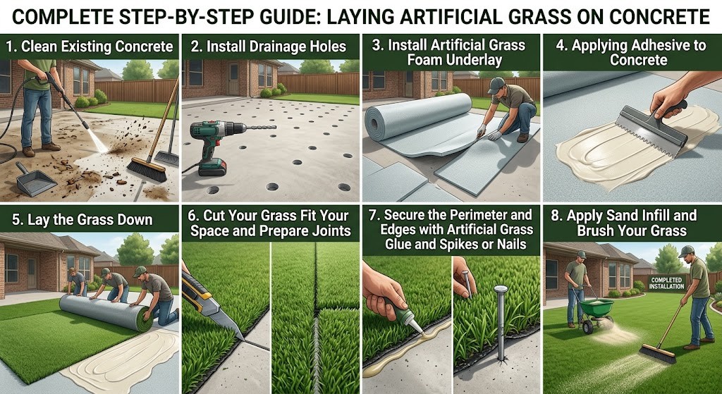 how to put artificial grass on concrete