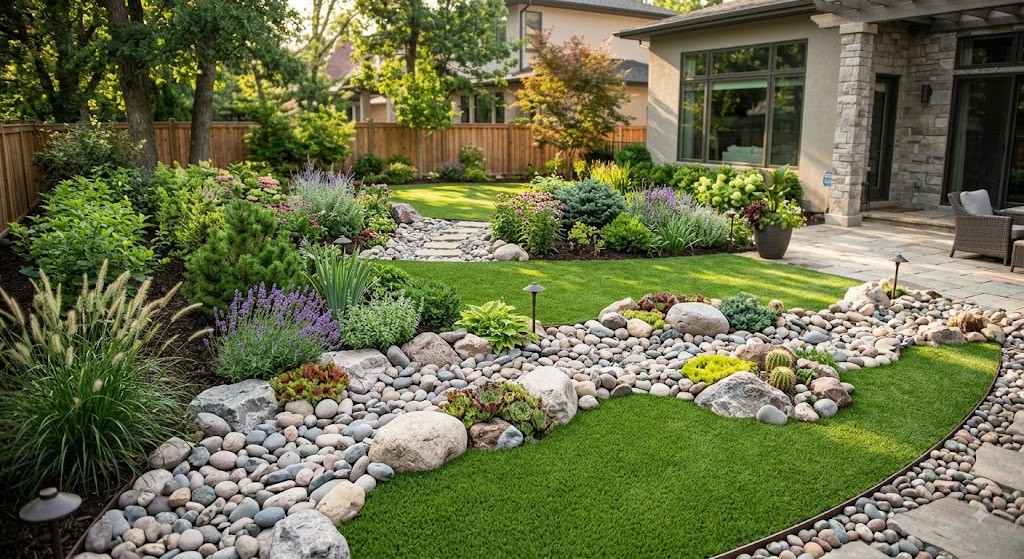 rock garden with artificial grass image