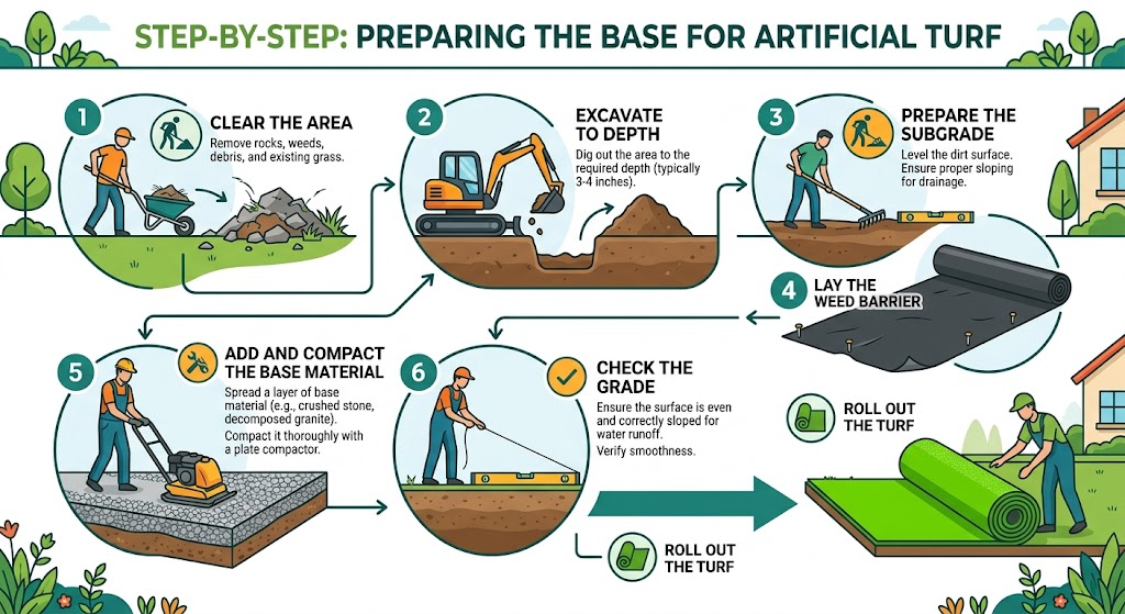 Preparing base for artificial turf, step by step infographic