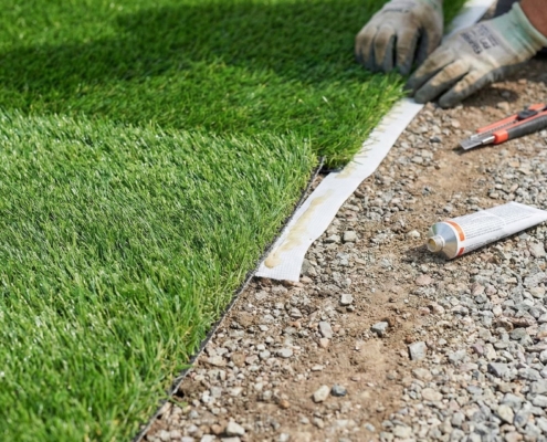 Artificial turf lifespan during installation close-up
