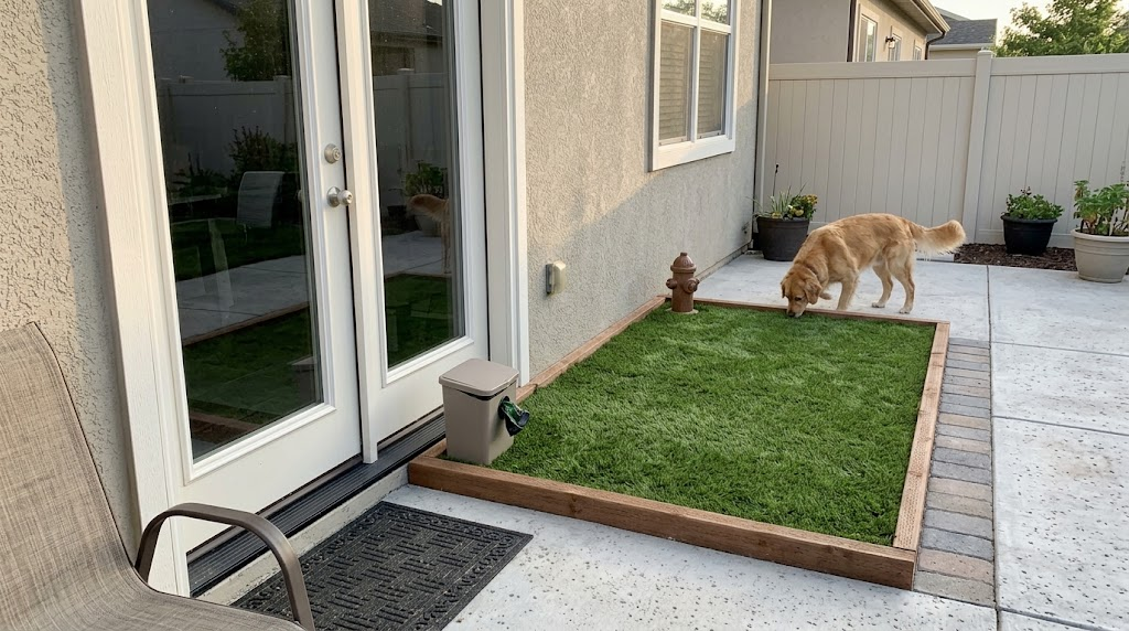 Dog potty zones with artificial grass on patio