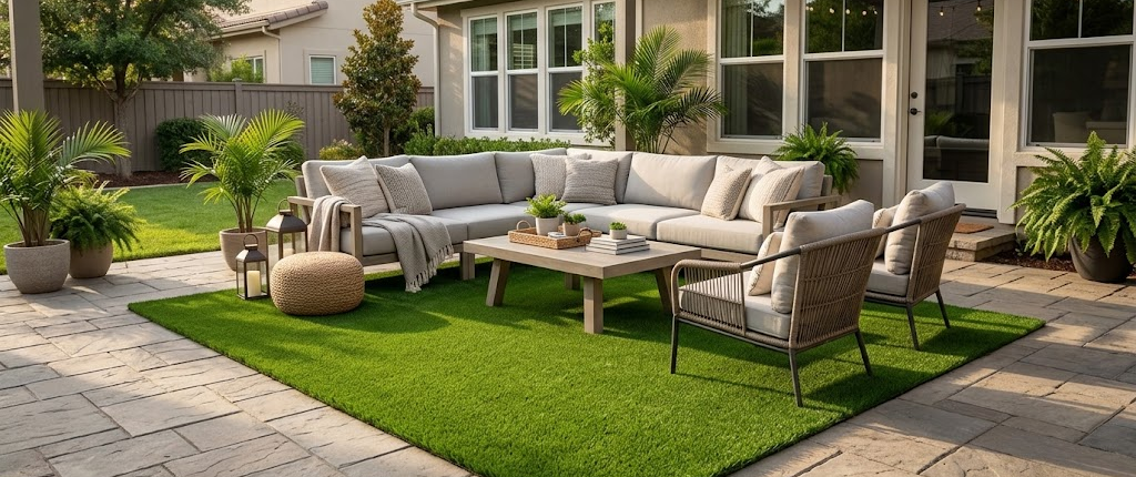 Artificial grass rug on patio