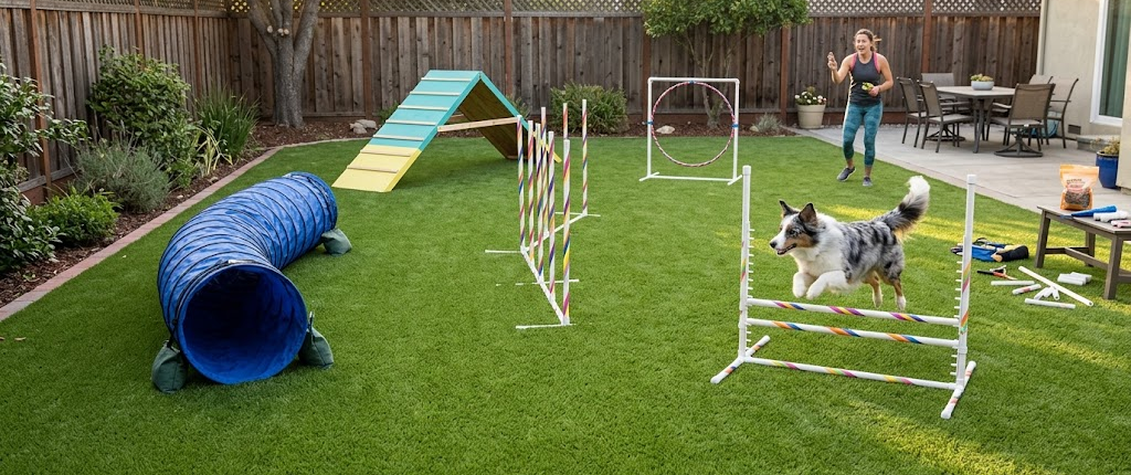 Backyard ideas for dogs with artificial grass: Agility course